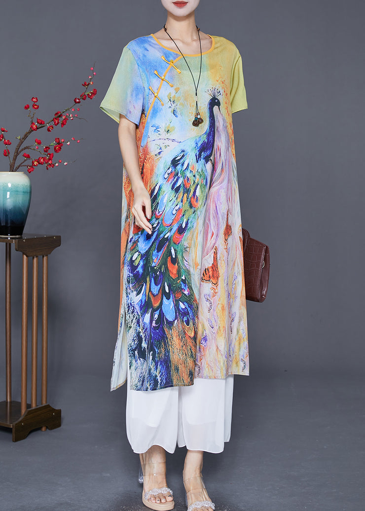 Art Peacock Print Chinese Button Chiffon Long Dress Summer
