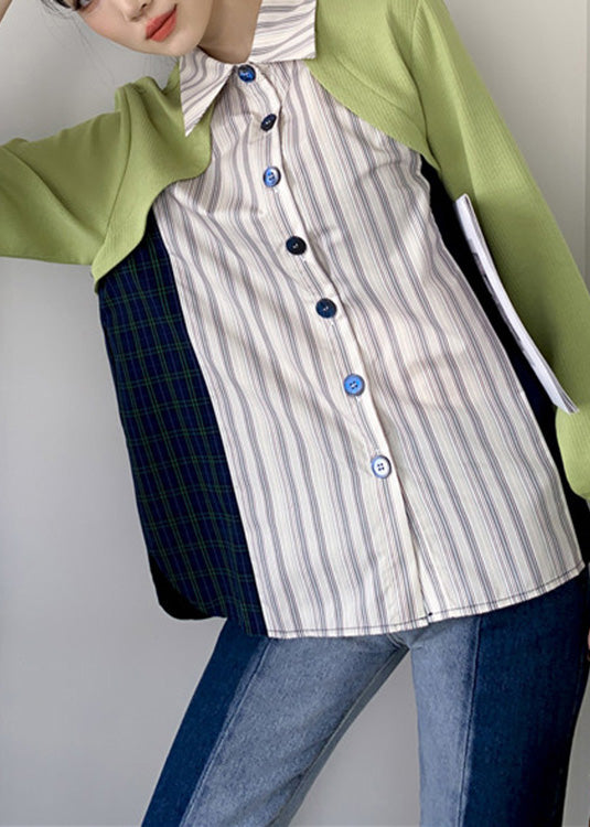 Art Peter Pan Collar Striped Patchwork Button Shirts Long Sleeve