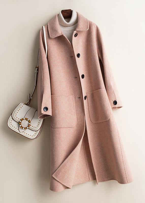 Art Peter pan Collar Button Down fine Woolen Coats Women pink plaid silhouette jackets - SooLinen