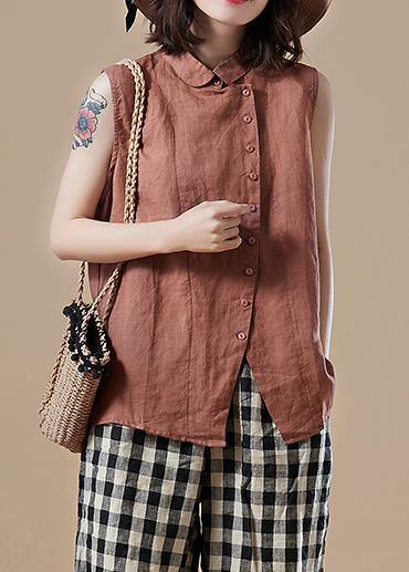 Art Peter pan Collar Sleeveless cotton tunic pattern plus size Sleeve brown Knee blouses Summer - SooLinen
