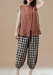 Art Peter pan Collar Sleeveless cotton tunic pattern plus size Sleeve brown Knee blouses Summer - SooLinen