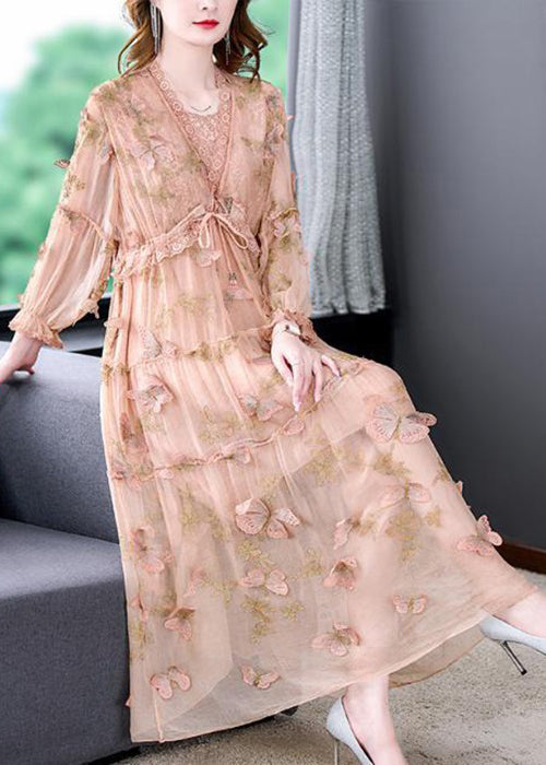 Art Pink Butterfly Lace Up Lace Patchwork Silk Long Dresses Spring