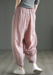 Art Pink Elastic Waist Ramie Crop Pants Summer