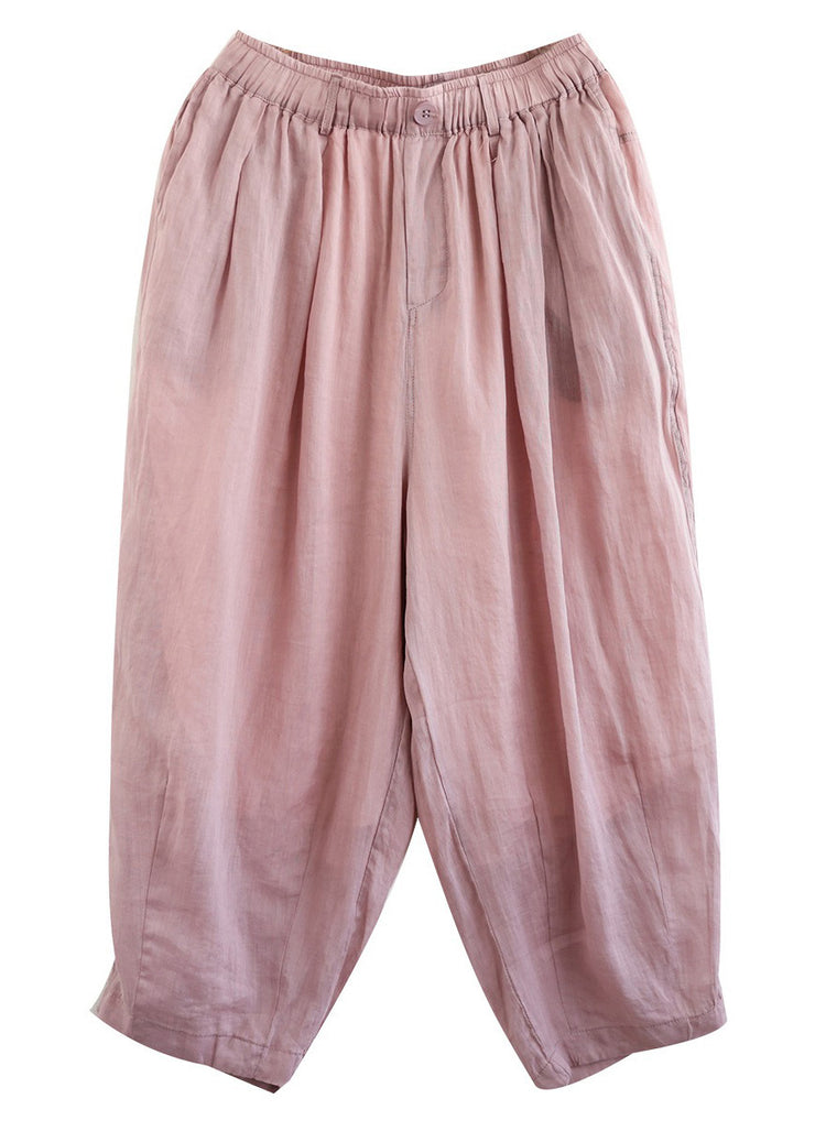 Art Pink Elastic Waist Ramie Crop Pants Summer