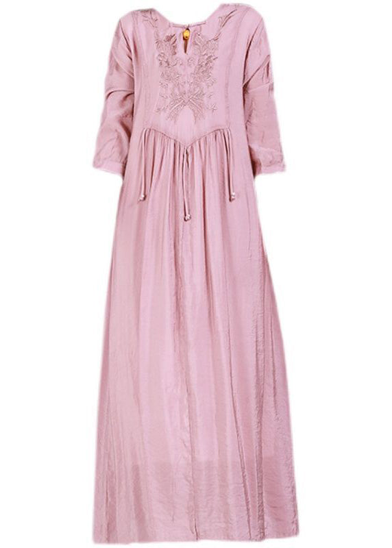 Art Pink Embroidered Wrinkled Linen Holiday Dress Bracelet Sleeve