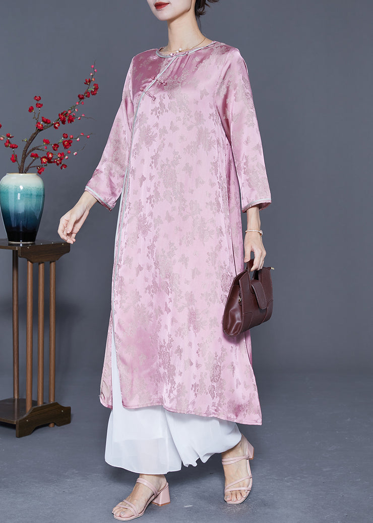 Art Pink Jacquard Side Open Lace Up Silk Oriental Long Dresses Summer