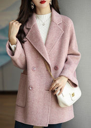 Art Pink Lapel Double Breast Thick Woolen Trench Fall