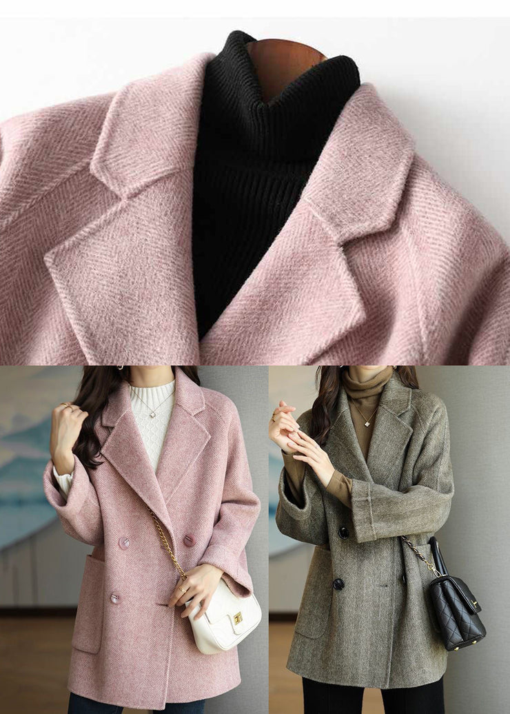 Art Pink Lapel Double Breast Thick Woolen Trench Fall
