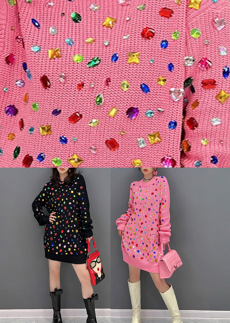 Art Pink O-Neck Bright Diamond Knit Mid Dress Winter