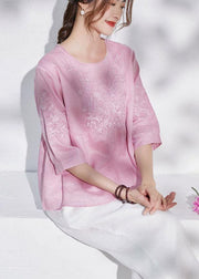 Art Pink O-Neck Embroideried Patchwork Summer Ramie Shirt Top Half Sleeve - SooLinen