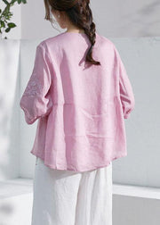 Art Pink O-Neck Embroideried Patchwork Summer Ramie Shirt Top Half Sleeve - SooLinen