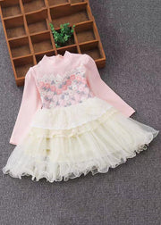 Art Pink O-Neck Lace Patchwork Floral Tulle Girls Maxi Dresses Fall