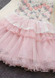 Art Pink O-Neck Lace Patchwork Floral Tulle Girls Maxi Dresses Fall