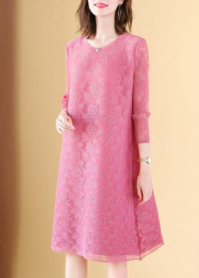 Art Pink O-Neck Long sleeve Maxi Summer Lace Dress - SooLinen