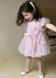 Art Pink O-Neck Patchwork Solid Tulle Baby Mid Dress Short Sleeve