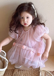 Art Pink O-Neck Patchwork Solid Tulle Baby Mid Dress Short Sleeve