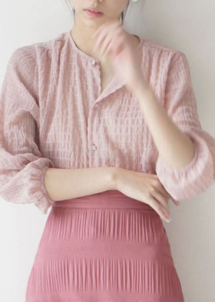 Art Pink O-Neck Wrinkled Shirt Spring