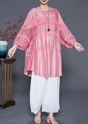 Art Pink Oversized Lace Patchwork Chiffon Vacation Dress Summer