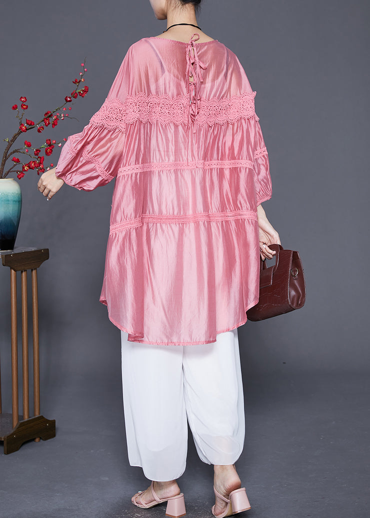 Art Pink Oversized Lace Patchwork Chiffon Vacation Dress Summer