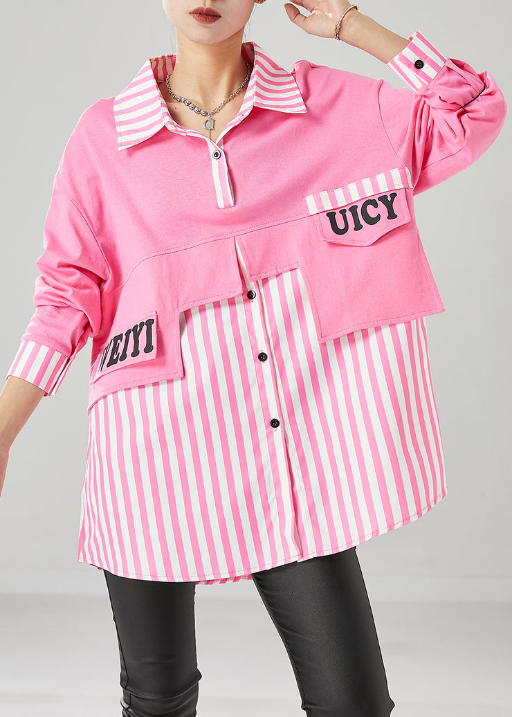 Art Pink Oversized Patchwork Striped Cotton Sweatshirts Top Fall
