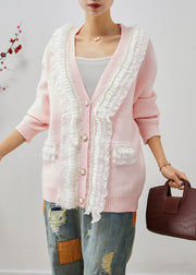Art Pink Ruffled Patchwork Warm Knit Coats Fall