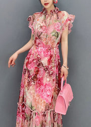 Art Pink Ruffled Print Patchwork Chiffon Two Piece Set Dresses Summer