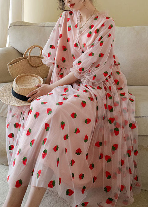 Art Pink Ruffled Print Patchwork Tulle Long Dress Half Sleeve
