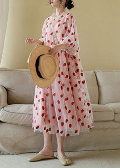 Art Pink Ruffled Print Patchwork Tulle Long Dress Half Sleeve