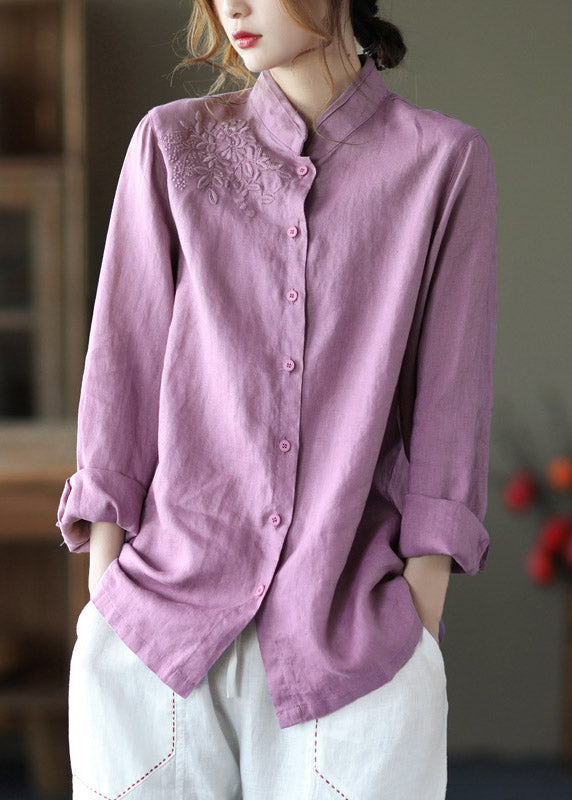 Art Pink Stand Collar Embroidered Button Linen Shirts Long Sleeve