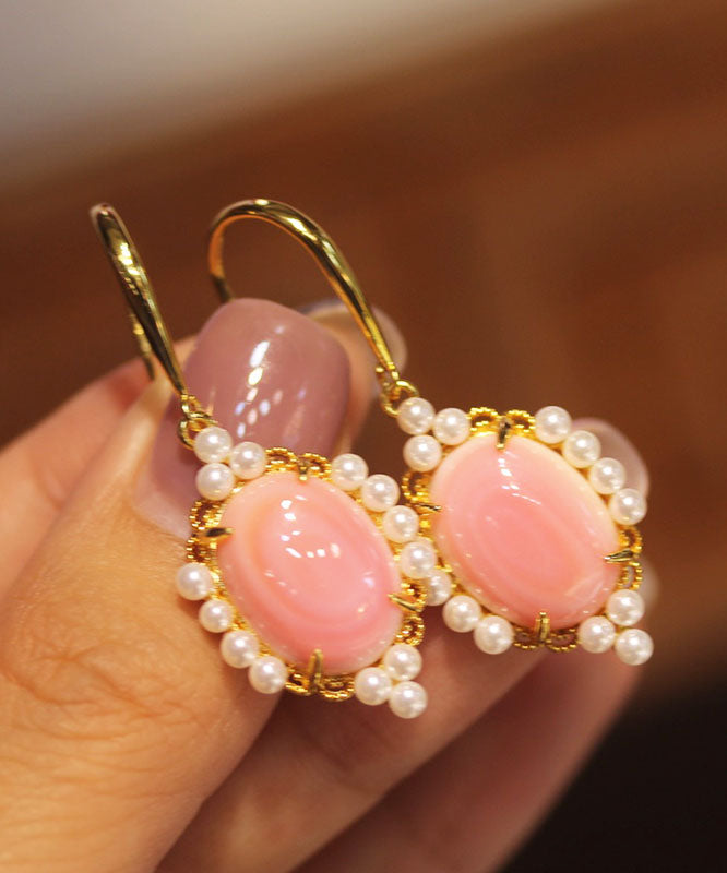 Art Pink Sterling Silver Overgild Pearl Shell Drop Earrings