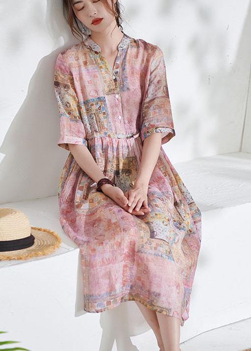 Art Pink Tie Waist Button Print Summer Ramie Vacation Dresses Half Sleeve - SooLinen