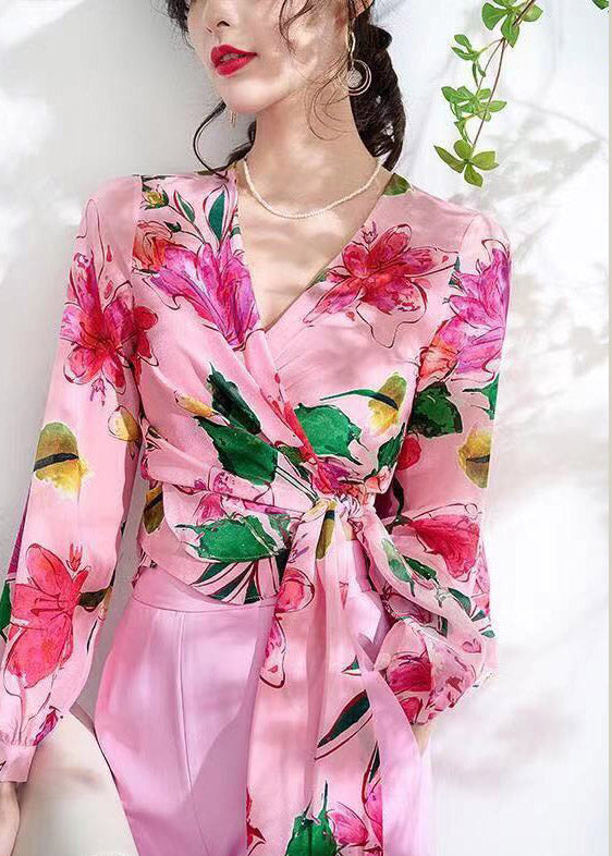 Art Pink V Neck Print Tie Waist Silk Shirts Long Sleeve