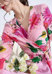 Art Pink V Neck Print Tie Waist Silk Shirts Long Sleeve