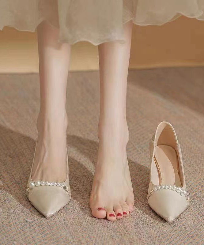 Art Pointed Toe Chunky High Heels Beige Pearl Heels