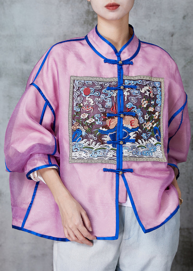 Art Purple Embroidered Chinese Button Silk Coats Spring