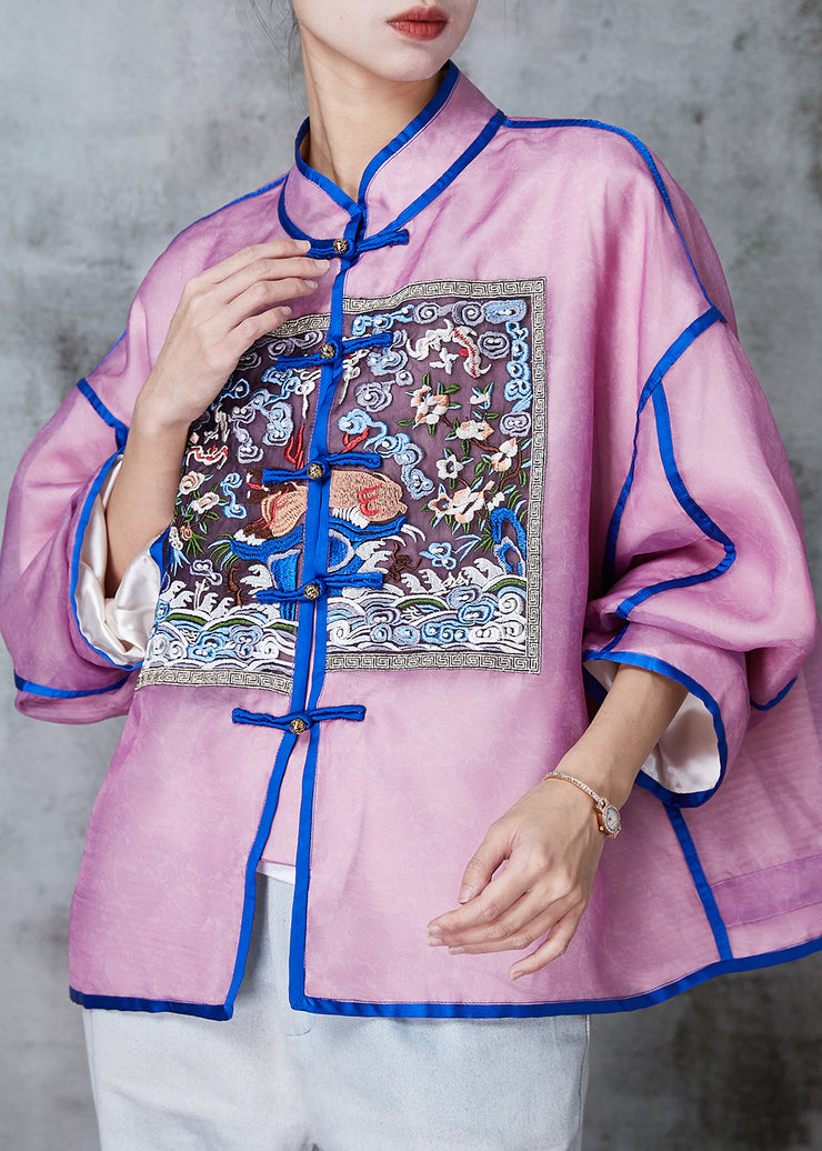 Art Purple Embroidered Chinese Button Silk Coats Spring