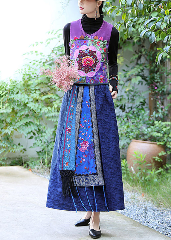 Art Purple Embroidered Floral Linen Waistcoat Fall