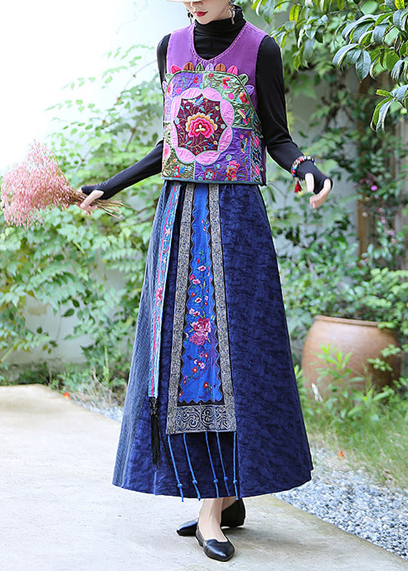 Art Purple Embroidered Floral Linen Waistcoat Fall