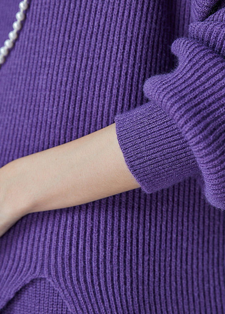 Art Purple High Neck Side Open Cozy Knit Two Pieces Set Winter