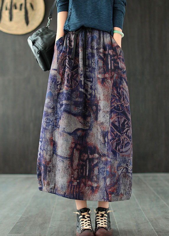 Art Purple High Waist Pockets Patchwork Print Linen Skirt Summer