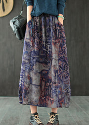 Art Purple High Waist Pockets Patchwork Print Linen Skirt Summer