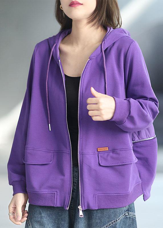 Art Purple Loose Zippered Pockets Fall Long Sleeve Hooded Coat - SooLinen