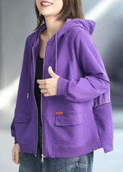 Art Purple Loose Zippered Pockets Fall Long Sleeve Hooded Coat - SooLinen