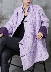 Art Purple Mandarin Collar Chinese Button Faux Fur Coats Spring