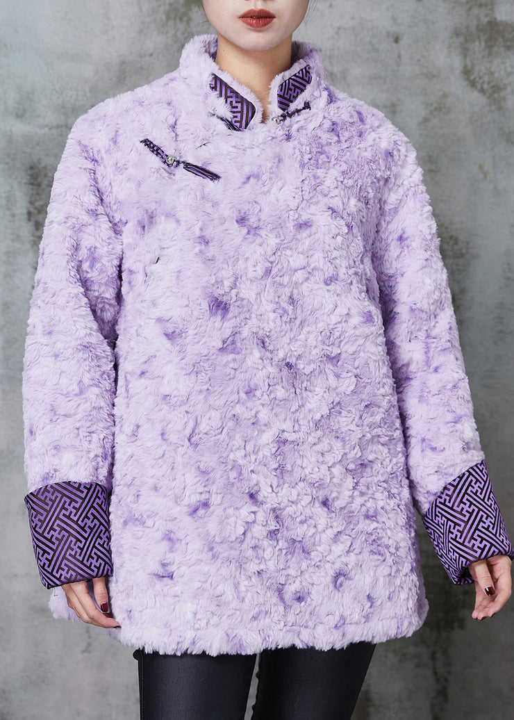 Art Purple Mandarin Collar Chinese Button Faux Fur Coats Spring
