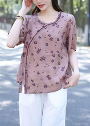 Art Purple O Neck Patchwork Linen T Shirt Tops Short Sleeve