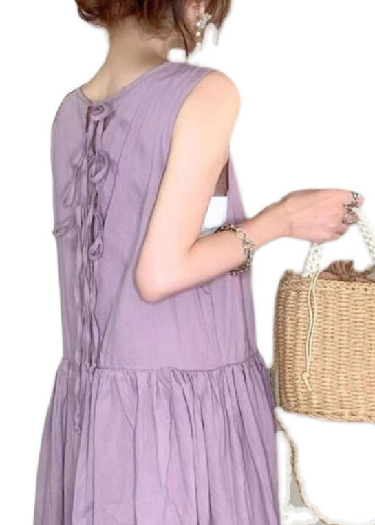 Art Purple O-Neck Patchwork Wrinkled Cotton Long Dress Summer