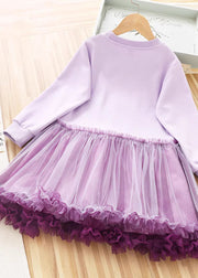 Art Purple O-Neck Rabbit Print Patchwork Tulle Kids Long Dress Fall