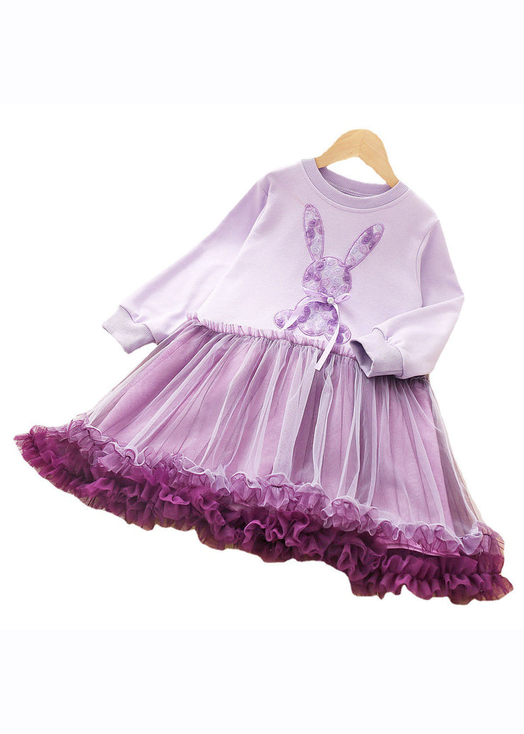 Art Purple O-Neck Rabbit Print Patchwork Tulle Kids Long Dress Fall