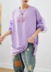 Art Purple Oversized Patchwork Cotton Pullover Streetwear Fall